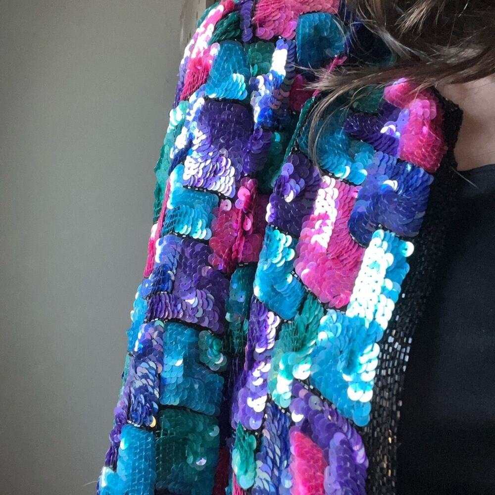 Vintage 80s Silk Sequin Jacket | Colorblock Sequin Blazer | Size M - Picture 4 of 5